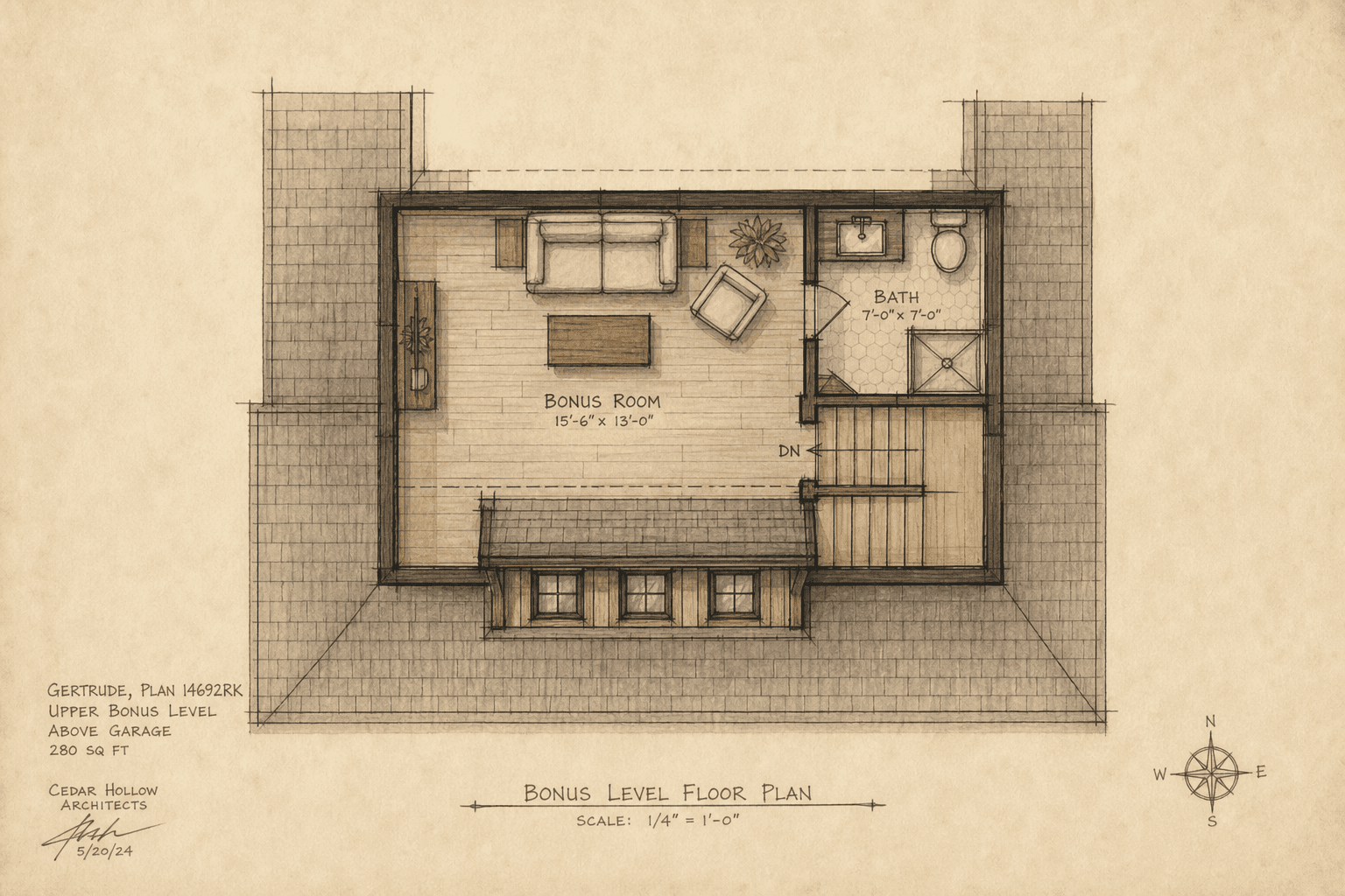 Gertrude — upper level floor plan, 280 sq ft